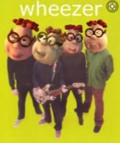 three people are standing next to each other in front of a green background with the words wheezer on it