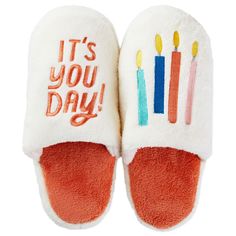 It doesn't get much better than spending your birthday in stylish comfort! Cushion your feet while you celebrate your day in these fun mule slippers embroidered with a birthday candle design and cute quote. For added fun, press the button on the side of one slipper to hear sounds that celebrate the special occasion. The comfy, plush-lined footwear makes a fashionable birthday gift. | Birthday slippers include embroidered design, fleece lining, non-slip soles and sound feature. | On slippers: It' Slippers Embroidered, Cute Quote, Candle Design, Size 12 Women, Cute Slippers, Hallmark Cards, Third Birthday, Size 8 Women, Best Birthday Gifts