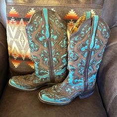 Amynda Pietsch-Behm On Fb For More Items! These Are Amazing Boots! Cleaning Out Brown Overlay, Turquoise And Brown, Corral Boots, Shoes Heels Boots, Blue Brown, Shoes Women Heels, Heeled Boots, New Color, Shoes Heels