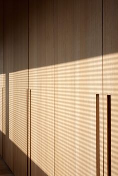 shadows cast on the wall and cupboards in a room with wooden walls, along with wood flooring