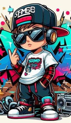 a boy with headphones and sunglasses standing in front of graffiti