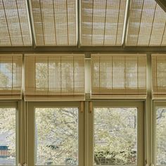 a room with three windows covered in bamboo blinds