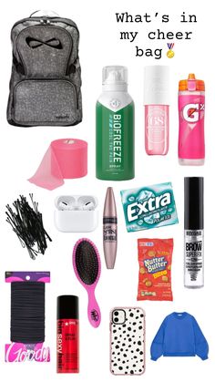 the contents of a backpack are shown in this image with text that reads what's in my cheer bag?