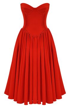 A corseted bodice creates a stunning silhouette on a fit-and-flare dress finished with a voluminous midi skirt for modern allure. Exclusive retailer Hidden back-zip closure Sweetheart neck Strapless Partially lined 65% Richcel viscose, 35% polyester Dry clean Imported Red Carpet Midi Dress, 50s Christmas Dress, Winter Gala Dress Formal, Birthday Dress Midi, Corset Vintage Dress, Red Mexican Dress, Fit And Flare Dress Formal, Red Elegant Wedding, Christmas Party Dress Cocktail