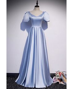 Get 10% off now! Buy modest blue long satin aline prom dress with short sleeves at cheap price online. Free stable shipping and pro custom service since 2009. Blue Tulle Prom Dress, Sky Blue Prom Dress, Party Dress Blue, Long Party Dress, Prom Dresses 2020, Marine Uniform, Blue Party Dress, Color Rush, Blue Dress Formal