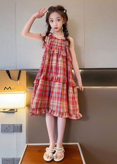 Art Red Plaid Ruffled Bow Patchwork Cotton Kids Girls Dresses SummerFabric: Cotton BlendedSize Fit: Fit: This garment fits true to size.Length: Size 140 measures 70cm from shoulder to hemBust:The bust size for size 140 measures around 72cmWash: Hand Wash Cold. Long Dress Summer, Grown Women, 60 Fashion, Girls Dresses Summer, Fashion 2024, Long Summer Dresses, Women Outfits, Dresses Kids Girl, Summer Fabrics