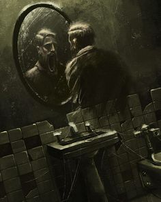 a painting of two men in front of a mirror with the caption posted in r / reepy