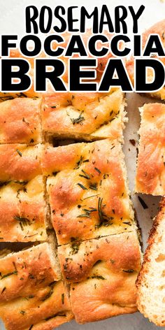 rosemary focaccia bread cut into squares and placed on top of each other