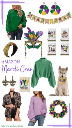 a collage of mardi gras items including a green sweater, purple and yellow