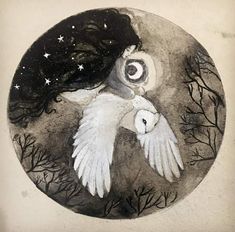 a drawing of an owl flying in the night sky