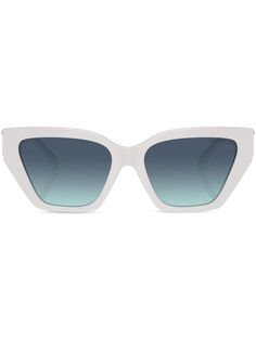 white acetate cat-eye frame blue tinted lenses logo plaque at the arm silver-tone hardware straight arms curved tips UV-protective lenses These glasses come with a protective case. Sunglasses White, Lens Logo, Frame Blue, Versace Outfit, Chanel 2, Demi Fine Jewelry, Iconic Bags, Fine Watches, Cat Eye Frames