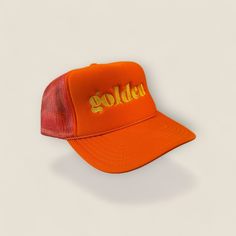 Life is GOLDEN especially when wearing this Golden Trucker Hat! Orange hat with embroidered yellow design. All of our products are handmade to order and ship within 10 business days. Thank you for shopping small! Adjustable Gold Baseball Cap For Summer, Casual Gold Snapback Hat, Casual Gold Cap, Yellow Flat Bill Hat, One Size Fits Most, Yellow Flat Bill Hat, Adjustable Gold Cap, Gold Adjustable Cap, Yellow Snapback Hat With Embroidered Logo, Yellow Embroidered Snapback Hat