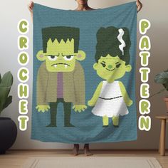 a woman holding up a blanket with two cartoon characters on it and the words crochet pattern