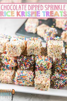 chocolate dipped sprinkle rice krispie treats on a white plate with colorful sprinkles