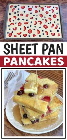 sheet pan pancakes with strawberries and blueberries on them are the perfect dessert for any party