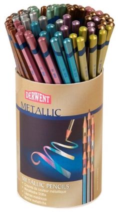 the metalic pencils are in a cup with different colors and designs on it