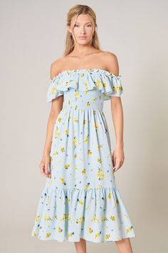 Take a stroll down floral lane in this dreamy smocked midi dress. A ruffle top edge lines the off the shoulder popover, covering a smocked bodice. It maintains a fit and flare silhouette, with a single ruffle tier at the bottom of the midi skirt. Wear it out to the next shower party or on a lunch outing with friends.- Off the shoulder- Smocked- Ruffle edge trim- Lined- Color: Yellow Blue MultiSize + Fit - Model is 5'8" and wearing size XS- Measurements taken from size S - Chest: 22" - Length: 40 Yellow Midi Dress, Ruffle Top, Shower Party, Yellow Blue, Fit And Flare, Off Shoulder Dress, Smocking, Off The Shoulder, Bodice