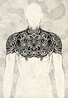 the back of a man's torso with intricate designs on it, in black and white