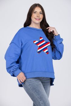 The Star Spangled Sweatshirt by Fantastic Fawn has you screaming patriotic summer! It features a fuzzy red, white, and blue star with gold sequin trim, long balloon sleeves, round neckline, raw seams and asymmetrical hem. Pair with your favorite denim or give are "God Bless America Shorts" or "You're an All Star Denim" a try! Fabric: 100% Cotton Contrast: 95% Cotton, 5% Spandex Measurements: Bust (Size M): 27'' Length (Size M):Front- 27'', Back- 28.5'' Missy Fit S 0/6-8 M 6-10 L 10-16 Star Spangled, Long Balloons, God Bless America, Long Sleeve Sweatshirt, Gold Sequin, Blue Star, Balloon Sleeves, Asymmetrical Hem, Red White And Blue