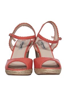 Keep it cute and classic all summer long with these whimsical wedges from L.K. Bennett! Created with buttery soft leather adorned with a precious pink hue and adorable scalloped trim, these woven beauties are perfect for fashionistas with timeless taste. Pair these seasonal stunners with a flowy midi dress and your favorite sunnies and you'll be all set for brunch, the boardwalk and beyond! Size 7 (EU 38) Leather upper w/ scalloped trim Ankle strap closure Peep toe Woven wedge and platform Leath Cute High Heel Sandals For Summer, Cute Leather Sandals For Spring, Cute Summer Open Toe Heels, Cute Summer Platform Sandals, Cute Platform Sandals For Summer, Cute Pink Heels For Summer, Feminine Summer Wedge Heels, Cute Open Toe Beach Heels, Cute Open Toe Heels For Beach