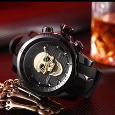 This is the black skull watch. a true concentrate of technology and precision, for those who have a certain luxurious taste of the afterlife. Welcome ladies and gentlemen, if you're looking for a brand new watch that looks very luxurious and expensive and you also love skulls then you might want to take a look at this black skull watch, with its thick design that combines simplicity and some amazing detailing you will for sure attract all the eyes to the accessory on your wrist, it has a great l Skull Watch, 3d Skull, Man Dressing Style, Silicone Bracelets, Wrist Band, Style Punk, Black Skulls, Silicon Bands, Sports Watch