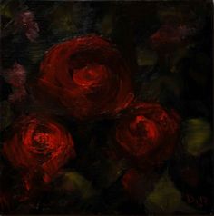 three red roses are shown in this oil painting