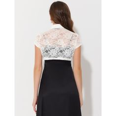 An elegant stand collar and short sleeves make this beautiful lace cardigan a great outfit for any occasion. This lace bolero is perfect for a wedding dress. Team it with a sleeveless dress and a mini bag to complete the elegant look. Lend an understated detail to your formal ensemble with this cropped bolero. This shrug can be paired with many suspender dresses to perfect your outfit. Cropped Shrug, Lace Bolero, Lace Cardigan, Women's Blouses, Suspender Dress, Chic Woman, Women Lace, Stand Collar, Mini Bag