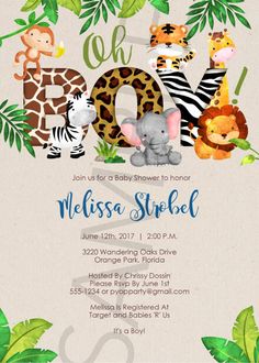 an animal themed baby shower is shown with jungle animals