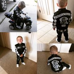 four pictures of a toddler boy riding a motorcycle