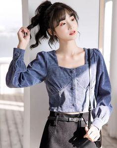 Blue Square Neck Puff Sleeve Shirt XL Korean Blouses, Korean Shirts, Ombre Shirt, Fashion Chingu, Puff Sleeve Shirt, Mesh Shirt, Uniform Shirts, Long Sleeve Plaid Shirt, Satin Shirt