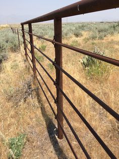 a metal fence is in the middle of a field with dry grass and weeds behind it