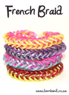 four different colored bracelets with the words french braid on top and bottom in black text