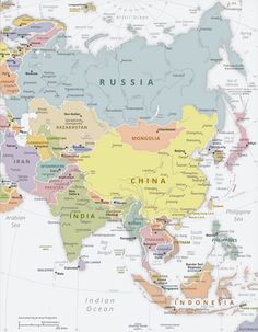 a map of the world with countries in different colors and sizes, including india, china,