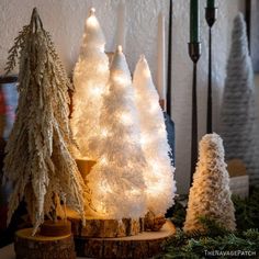 three white christmas trees with lights on them