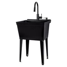 Complete  22.875 in. x 23.5 in. Black 19 Gallon Utility Sink with Black Metal Hybrid High Arc Faucet and Soap Dispenser - Super Arbor Black Utility Sink, Slop Sink, Deep Sink, Chrome Kitchen Faucet, Cleaning Buckets, Black Faucet, Laundry Tubs, Pull Out Faucet, Chrome Kitchen