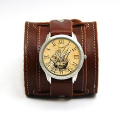 Vintage style watches Old Ship with buckled cognac leather strap | Double buckle johhny depp style w Vintage Adjustable Cuff Watch, Vintage Cuff Watch, Vintage Brown Watches With Leather Strap, Vintage Brown Watch With Leather Strap, Vintage Brown Watch With Leather Strap Accessories, Vintage Leather Watches For Gift, Vintage Leather Watches As A Gift, Vintage Leather Watches As Gift, Vintage Handmade Leather Watch