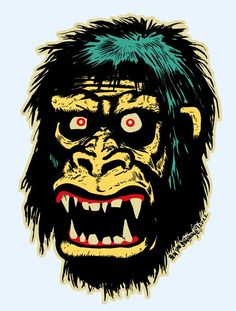 a gorilla with green hair and red eyes