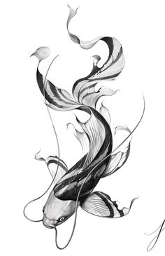 a black and white drawing of a fish with swirls on it's tail