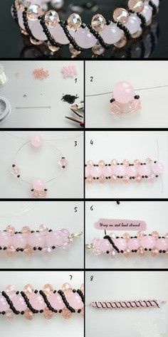 how to make a beaded bracelet with pink beads and black pearls - step by step instructions