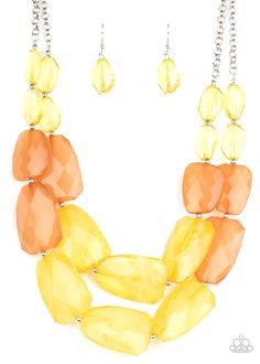 Varying in shape and size, opaque yellow and brown crystal-like beads delicately link into two colorfully icy layers below the collar for a stunning statement-making finish. Features an adjustable clasp closure. Sold as one individual necklace. Includes one pair of matching earrings. P2ST-YWXX-058XX RELEASED 5 NOV 20 Short Silver Necklace, Paparazzi Accessories Jewelry, Yellow Necklace, Paparazzi Accessories, Paparazzi Jewelry, Chic Accessories, Yellow And Brown, Necklace Earring Set, All About Eyes