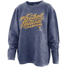 Celebrate the Michigan Wolverines' triumph with the Pressbox Navy Michigan Wolverines College Football Playoff 2023 National Champions Comfy Cord Pullover Sweatshirt. Its corded distressed fabric evokes a vintage aesthetic, while the lightweight design ensures comfort in mild temperatures. Thumbholes in the cuffs provide added warmth and convenience, making this sweatshirt a must-have for any Michigan Wolverines fan. Material: 100% Cotton Crew neck Thumbholes in cuffs Long sleeve Imported Machin Distressed Fabric, College Football Playoff, Sports Graphics, Michigan Wolverines, Crew Sweatshirts, Quarter Zip Pullover, Navy Women, Vintage Aesthetic, College Football