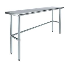 a stainless steel table with two legs on each side and an open shelf for storage