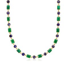 Ross-Simons - 35.00ct t. w. Emerald, 18.00ct t. w. Sapphire Necklace Over Sterling. 18". Make an average outfit infinitely more sophisticated with the rich jewel tones of this classic necklace! 35.00 ct. t. w. emeralds and 18.00 ct. t. w. round sapphires alternate in polished 18kt yellow gold over sterling silver. Includes a 2" extender. Lobster clasp, sapphire and emerald necklace. Emerald birthstones are the perfect gift for May birthdays. Elegant Multi-stone Emerald Necklace For Formal Occasions, Formal Single Strand Emerald Necklace, Elegant Single Strand Round Emerald Necklace, Classic Round Multi-stone Necklaces, Formal Round Single Strand Emerald Necklace, Elegant Faceted Necklace For Formal Occasions, Elegant Formal Faceted Necklaces, Elegant Faceted Emerald Necklace For Formal Occasions, Elegant Formal Faceted Emerald Necklace