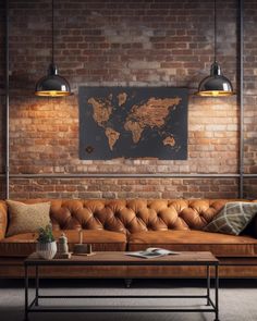 a living room with brick walls and leather couches in front of a map on the wall