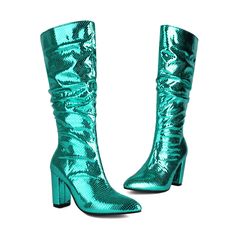 Shop Cyan Green Metallic Slouchy Boots Chunky Heels Snake Printed Knee High Boots color Green for Anniversary, Dancing Club, Date, Going out with worldwide Free shipping & Free return. Green High Heel Knee-high Party Boots, Green High Heel Knee-high Boots For Party, Green Knee-high Party Boots, Trendy Green Heeled Boots For Party, Green Knee-high Heeled Boots For Party, Fitted Green Knee-high Boots For Parties, Green Knee-high Heeled Boots, Trendy Knee-high Boots With Stacked Heel For Party, Green Boots For Fall Party