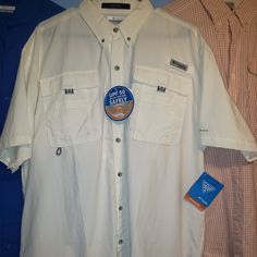 -White Bahama Columbia Pfg Short-Sleeve New With Tags!!! Size: Large -Orange And White Columbia Pfg Short-Sleeve Like New!! (No Tags) Size: Large -Blue Columbia Pfg Long-Sleeve Like New!! (No Tags) Size: Large White Shirt With Pockets For Spring, White Relaxed Fit Shirt For Outdoor, Casual White Shirt With Pockets, White Short Sleeve Shirt With Pockets For Spring, White Relaxed Fit Top For Outdoor, White Relaxed Fit Outdoor Tops, White Short Sleeve Shirt With Pockets In Relaxed Fit, White Short Sleeve Tops With Pockets, White Relaxed Fit Short Sleeve Shirt With Pockets