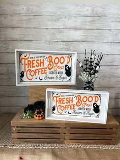 two wooden trays with halloween signs on them