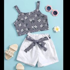 New Size 4-5 Y Set Includes Cami, Shorts And Belt Cute White Vacation Sets, White Summer Playwear Shorts, White Summer Playwear Set, White Shorts For Spring Playwear, White Shorts For Playwear In Spring, Strawberry Swimsuit, Kids Birthday Dresses, Girls Floral Dress, Baby Grow