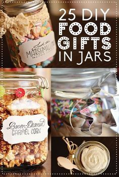 four jars filled with different types of food and labeled in jar labels that read, 24 diy food gifts in jars