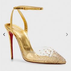 Brand New Never Used! 100% Authentic Details Christian Louboutin "Spikaqueen" Crystal Studded Clear Pvc Amd Metallic Leather Pumps 4.00 In / 100 Mm Stiletto Heel Pointed Toe Adjustable Anle Strap Signature Louboutin Red Leather Outsole Made In Italy Online Inquiries: Nms21_x5vhg Store Inquiries: #4382398 About Christian Louboutin: French Designer Christian Louboutin Introduced His Namesake Collection In 1991, And His Powerfully Feminine Shoes Soon Became Must-Haves For Stylish Women Everywhere. Luxury Heels With Red Sole And Single Toe Strap, Luxury Red Sole Ankle Strap Heels, Luxury Ankle Strap Heels With Red Sole, Luxury Heels With Red Sole And Ankle Strap, Gold Heels With Red Sole For Party, Gold Heels With Red Sole And Round Toe, Gold Open Toe Heels With Red Sole, Christian Louboutin Iriza, Feminine Shoes